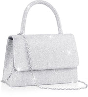 Borsa da Festa in Argento con Catena Rimovibile, Pailletti Metallici, Tasca a Mano Elegante con Cerniera per Festa, Matrimonio, Appuntamento (20 x 5 x 13 cm)