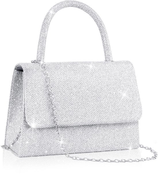 Borsa da Festa in Argento con Catena Rimovibile, Pailletti Metallici, Tasca a Mano Elegante con Cerniera per Festa, Matrimonio, Appuntamento (20 x 5 x 13 cm)