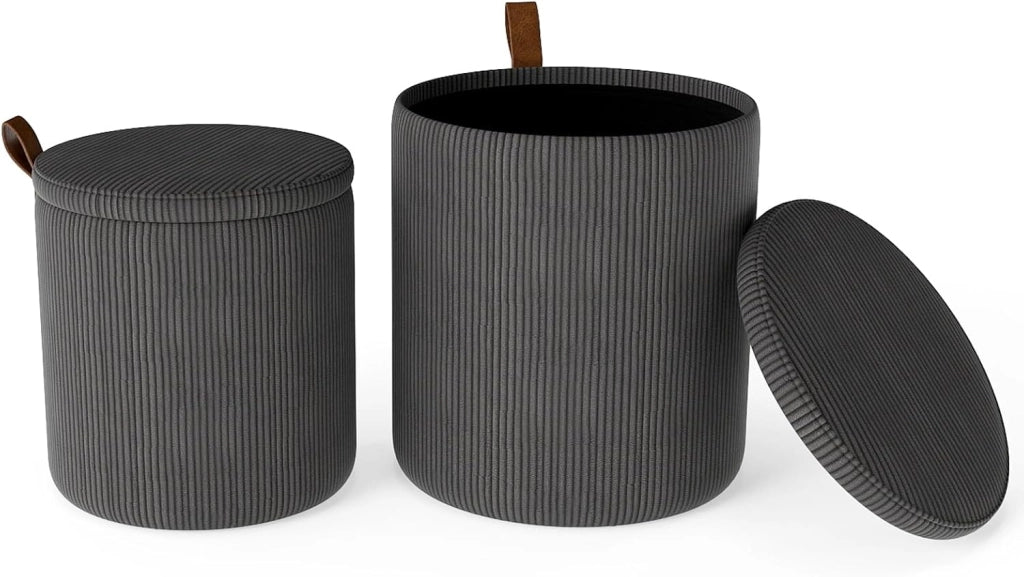Set di 2 Pouf Contenitore, Poggiapiedi per Soggiorno in Velluto con Coperchi Rimovibili, Sedute Imbottite, Sgabello da Trucco 40 L+25 L, Portata 150 KG, Grigio/Bianco (Grigio)