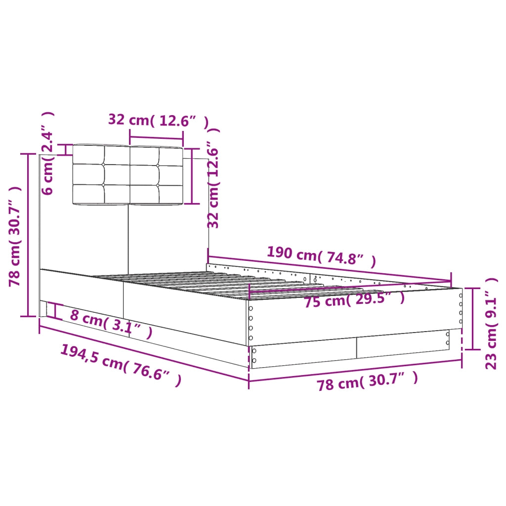 Giroletto Testiera-Struttura Letto Grigio Cemento 75x190 cm Legno Multistrato 225080