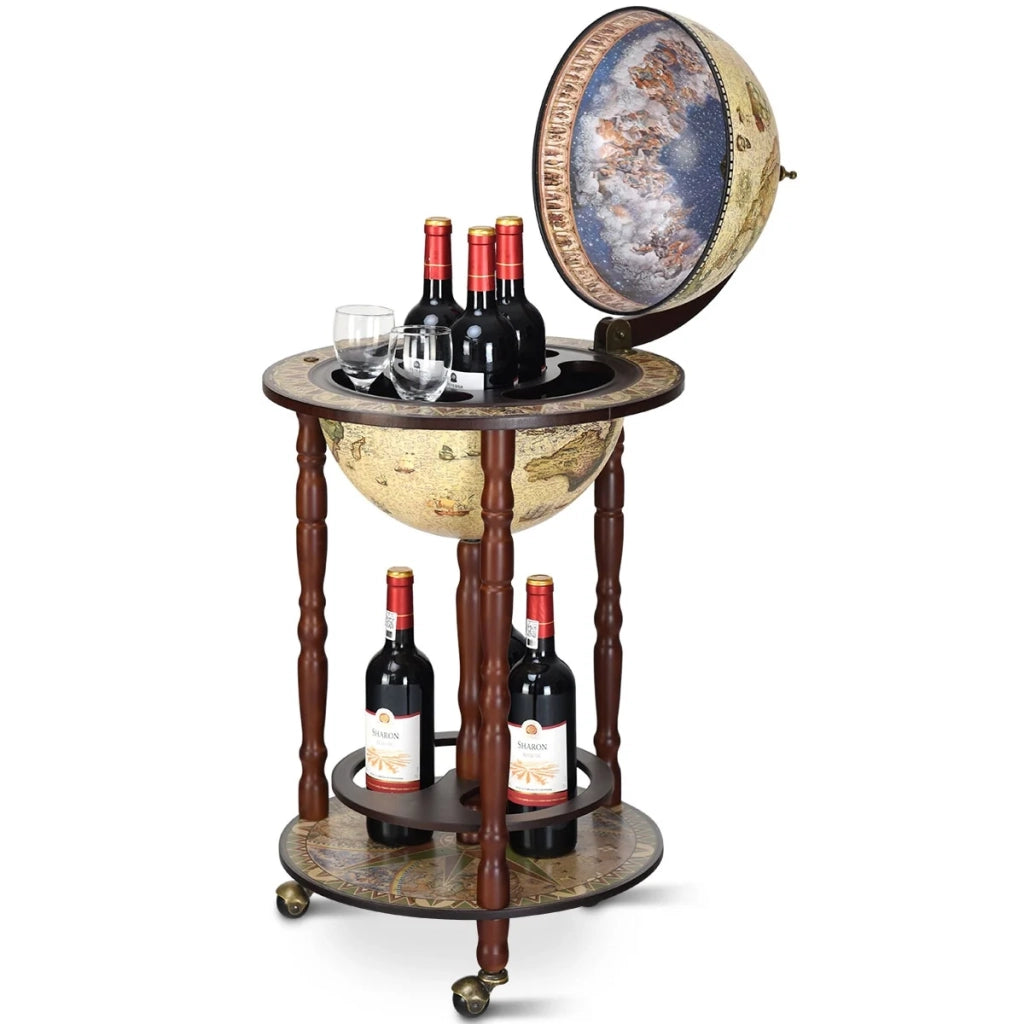Mobile bar Globe con ripiano e rotelle 44,3 x 44,3 x 88 cm stile classico italiano legno di eucalipto 20_0019395