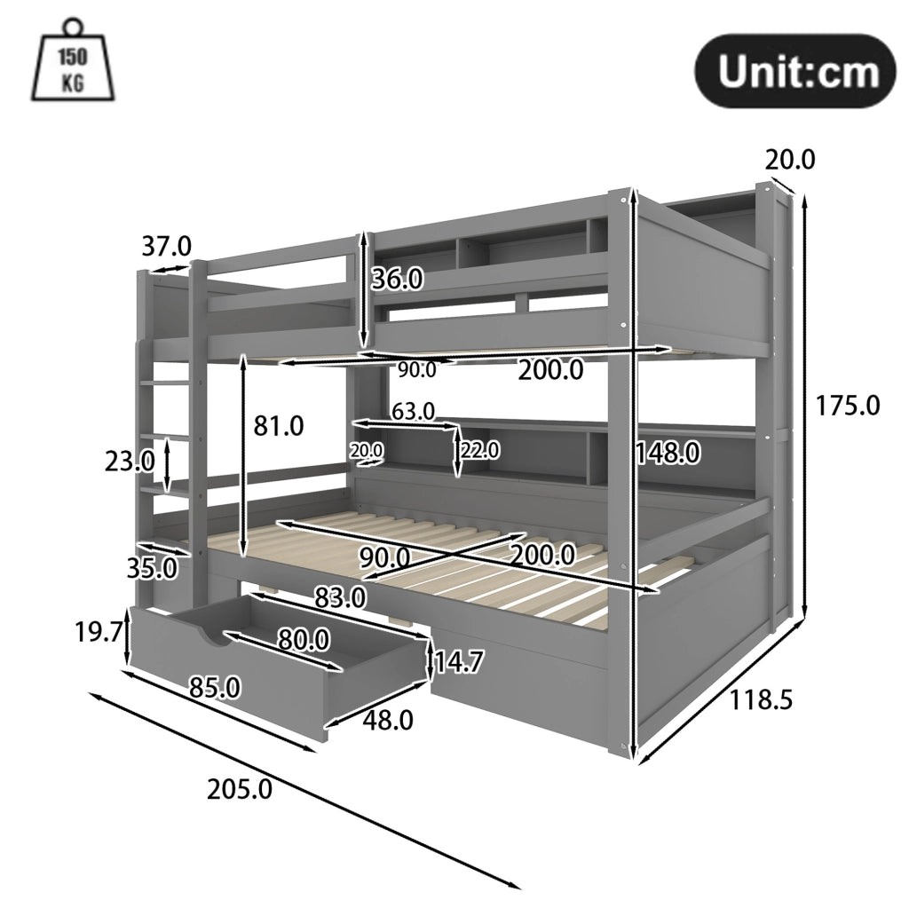Letto a castello 90x200 cm con cassetto e vani portaoggetti; pino e MDF; grigio (Senza materasso)