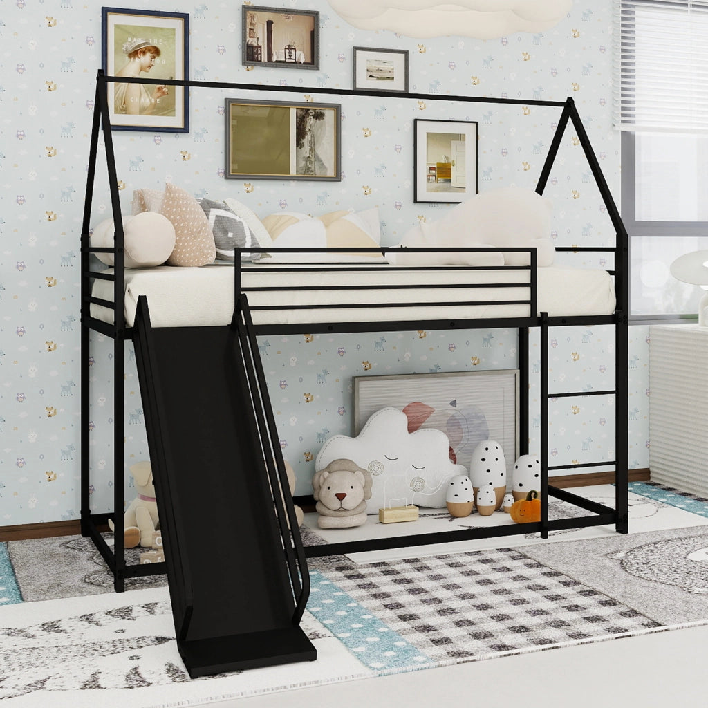 Letto a castello per bambini 194 × 185 × 176.5 cm con scivolo e scale in metallo nero
