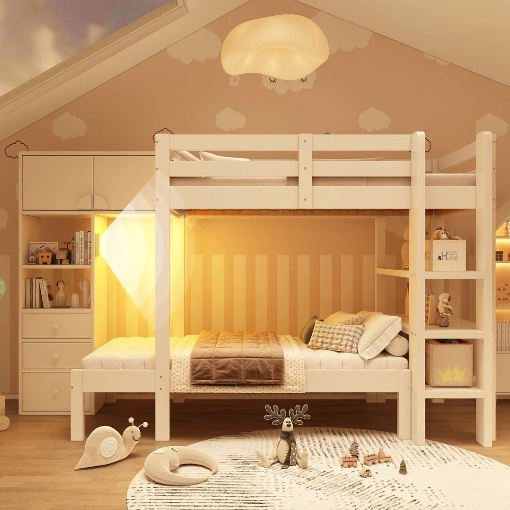 Letto a soppalco con cassetti ¨C Minimal ¨C 90x200 cm, bianco, con luce led e armadio