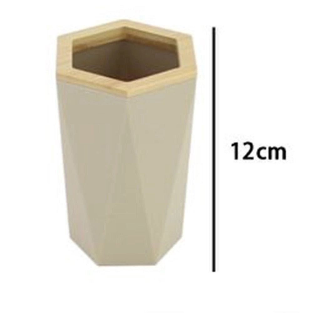 Trade Shop - Bicchiere Porta Spazzolini A Cilindro Esagonale Geometrico Beige Legno Da Bagno 10842 -