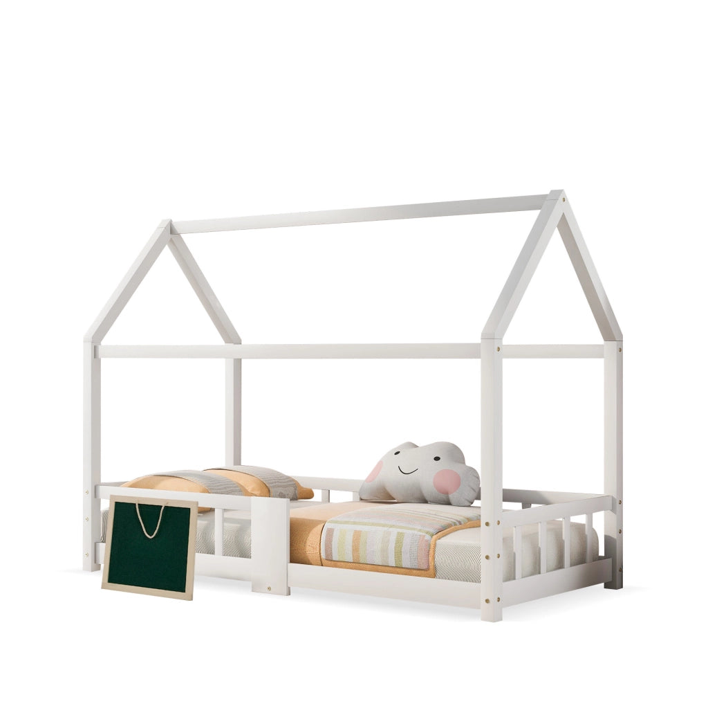 Letto per bambini a casetta 90x200 cm con lavagna e protezione anticaduta; legno bianco