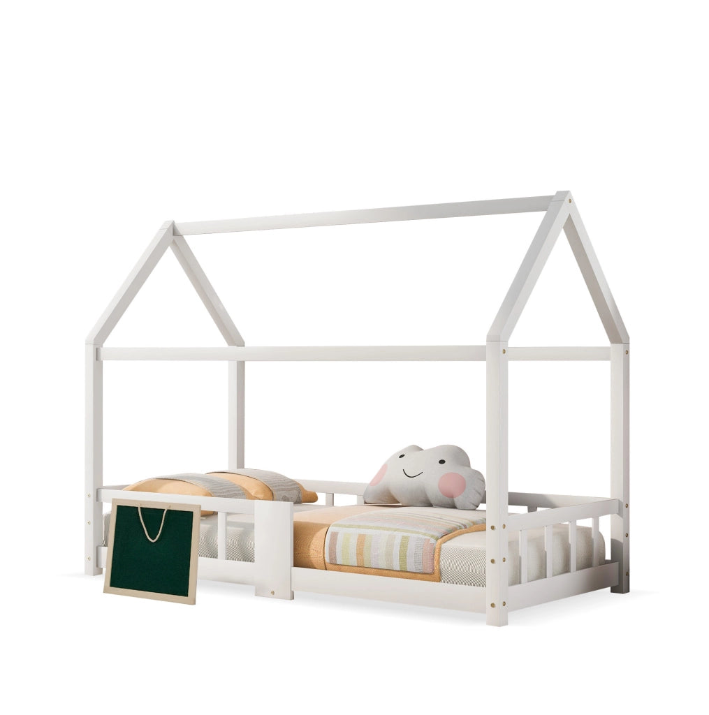 Letto per bambini a casetta 90x200 cm con lavagna e protezione anticaduta; legno bianco