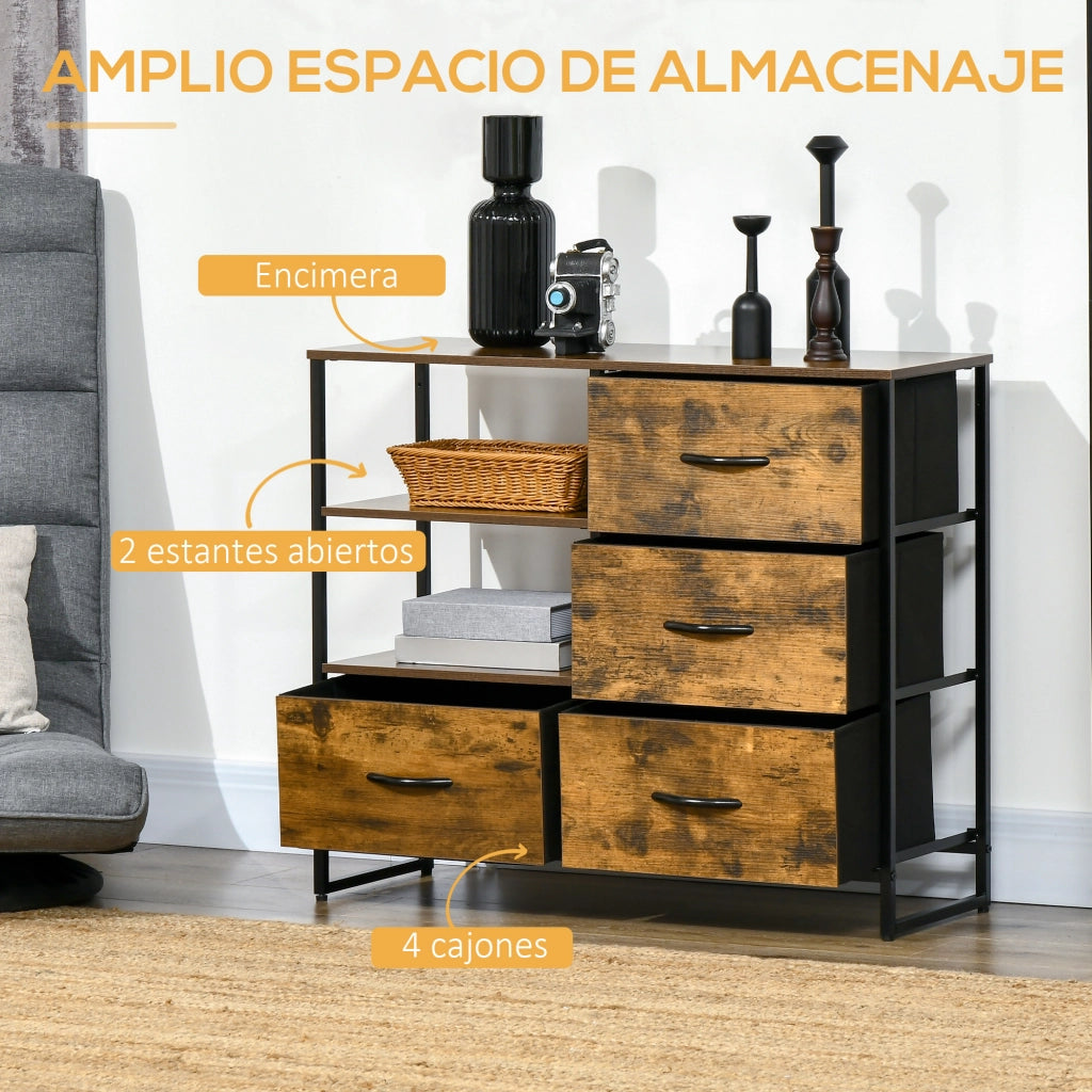 Cassettiera con 4 Cassetti Tessuto e 2 Ripiani Stile Industriale ¨C zephmum ¨C 84x30x71,5 cm Marrone