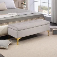 Panca Contenitore Fondo Letto con Tessuto Vellutato e Gambe Dorate, 120x44x44.5cm, Grigio Chiaro