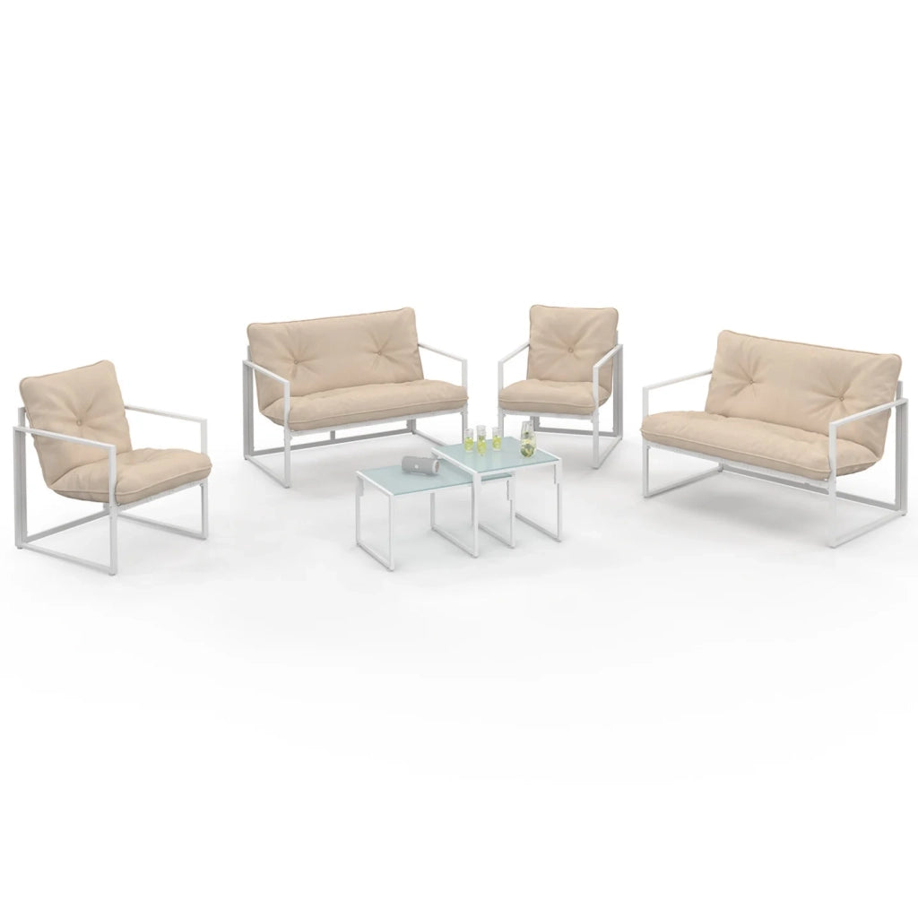 IDMarket - NAIROBI Set di mobili da giardino bassi a 6 posti in acciaio bianco con cuscini beige