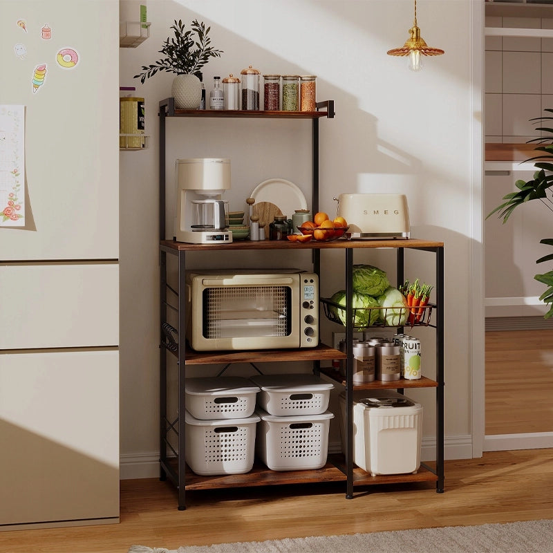 Scaffale da cucina per microonde, mobile con 5 ripiani, marrone scuro rustico