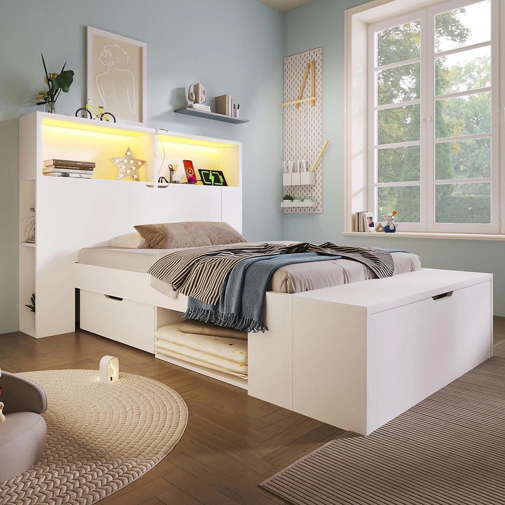 Letto legno-Xylo-90x200cm LED USB tiroir panchina ripiani bianco senza materasso