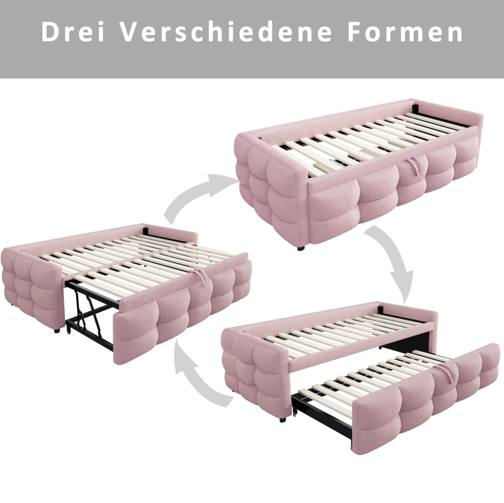 Letto combinato 90/180 x 190 cm in tessuto Teddy rosa con rete a doghe
