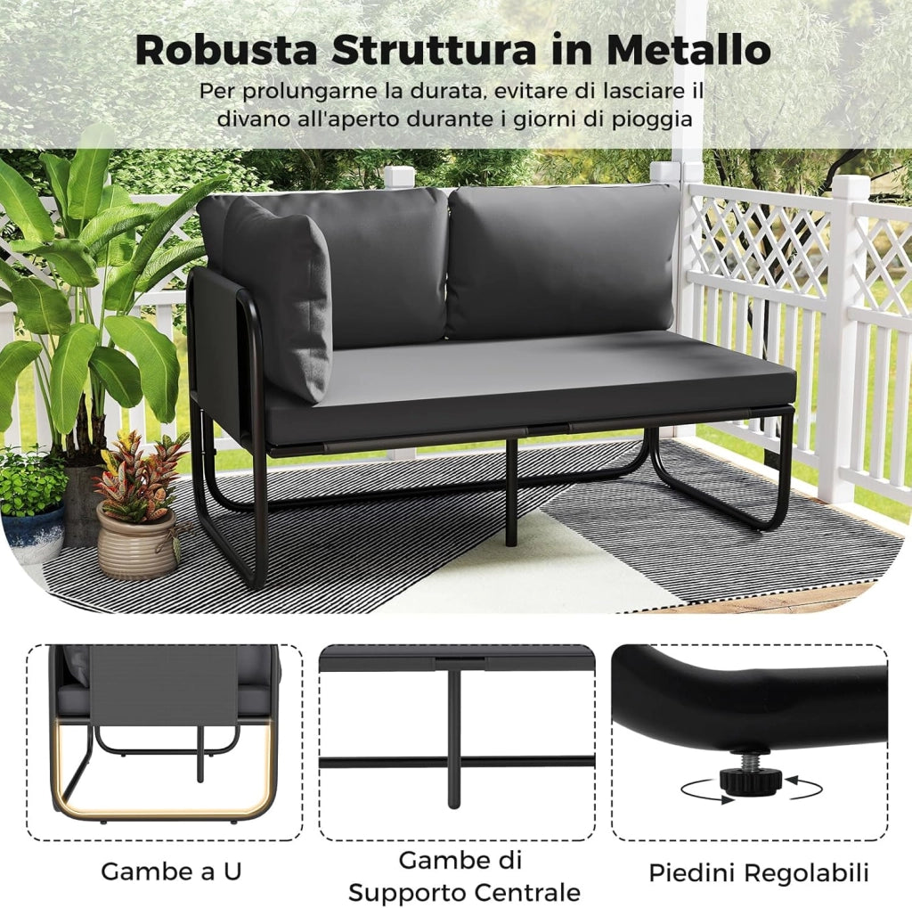 Divano da Esterno a 2 Posti, Divano con Cuscini Rimovibili, Bracciolo Laterale, Struttura in Metallo Robusta, Lettino Prendisole per Giardino Balcone, Portata 300 kg