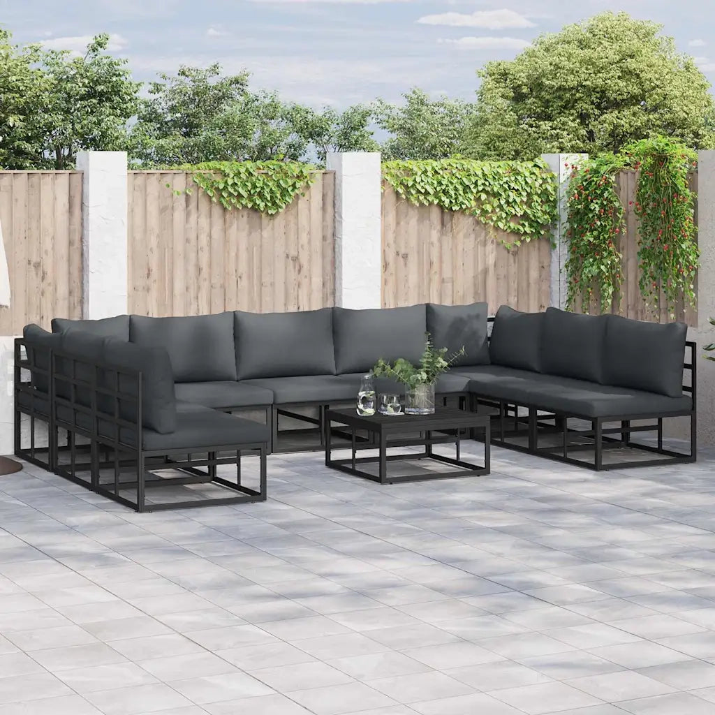 Set Divano da Giardino con cuscino 10 pcs Nero Alluminio