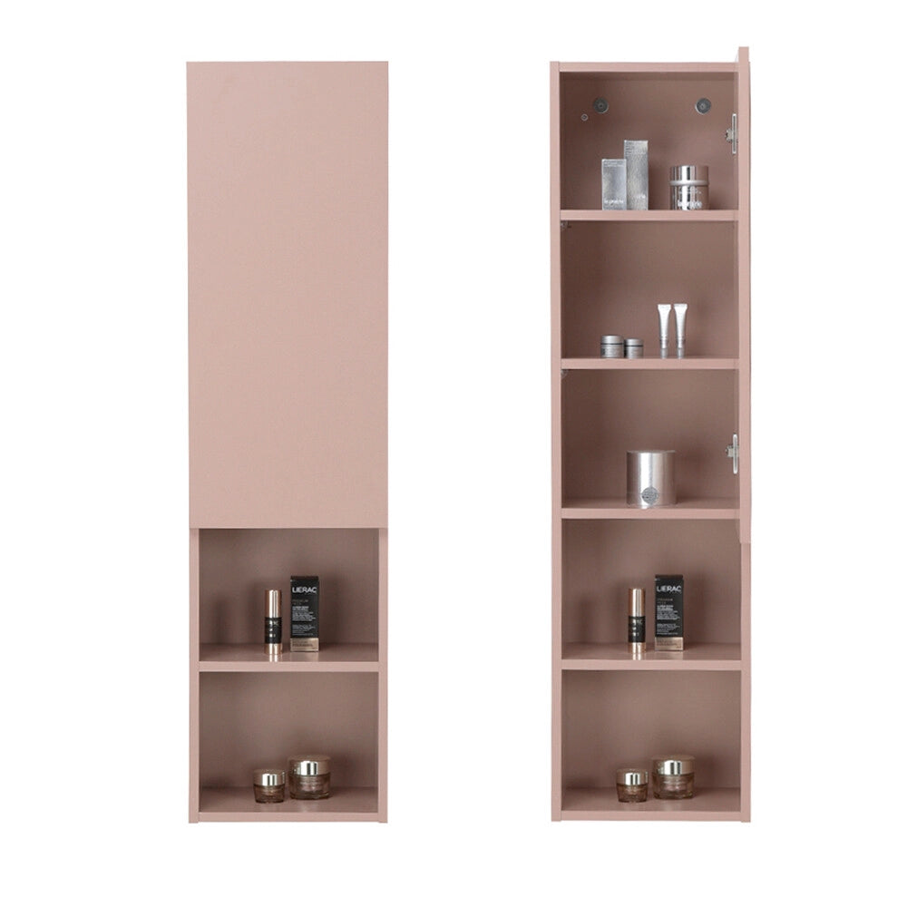 Colonna bagno sospesa rosa 30x115 cm con quattro mensole e anta soft-close Nuvola