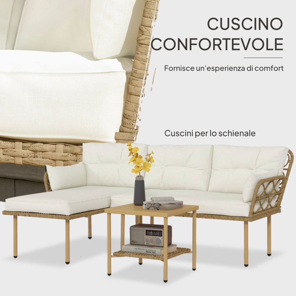Set 3 Pezzi da Giardino con Chaise Longue Divanetto Cuscini e Tavolino in Rattan e Acciaio Bianco Crema e Legno