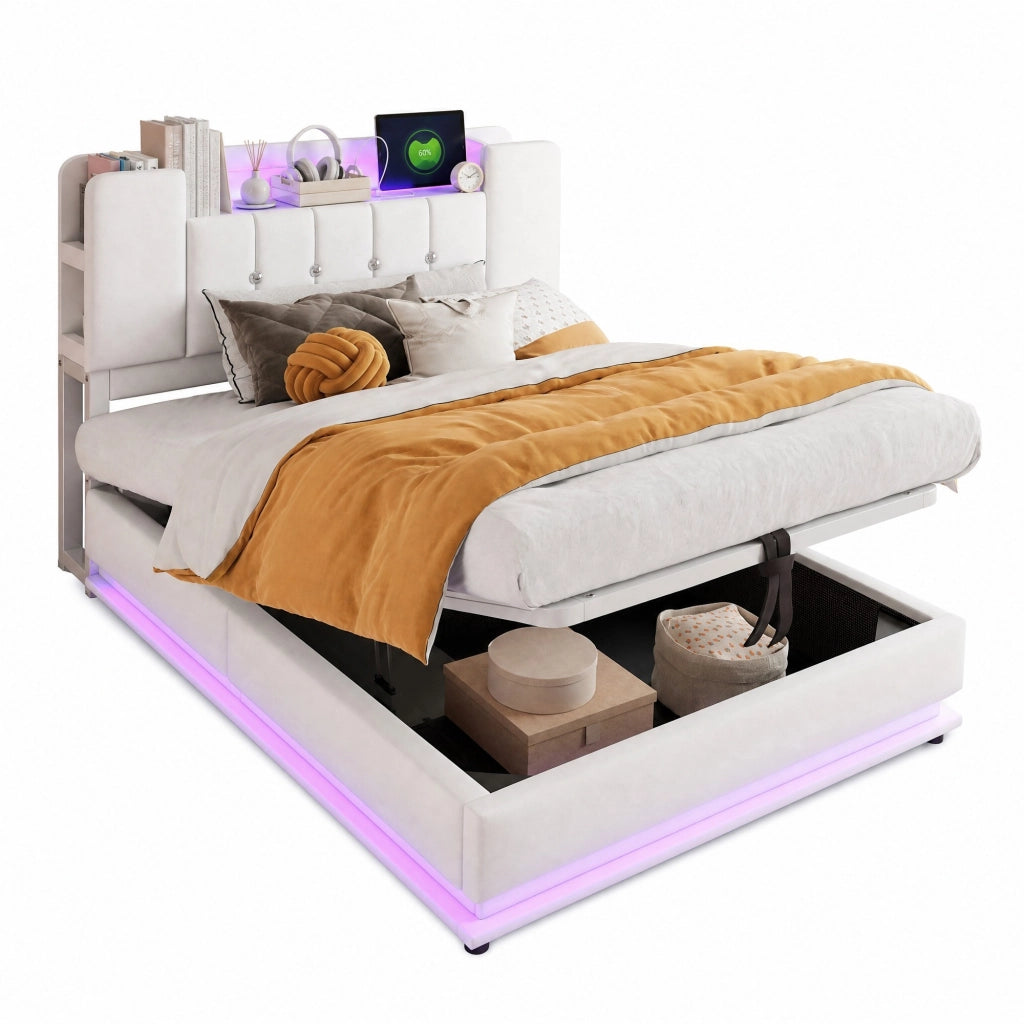 Letto imbottito per bambini 90x200 cm con LED, USB e contenitore idraulico, beige