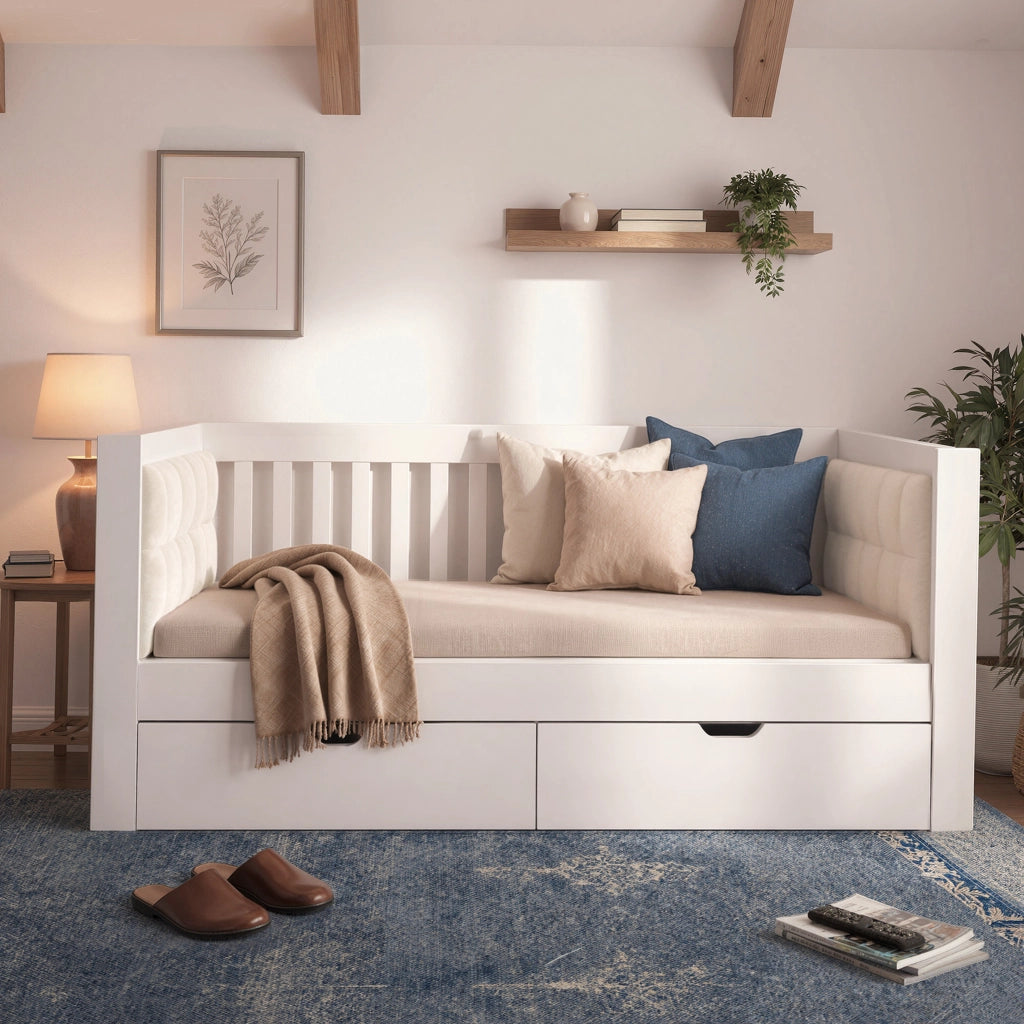 Divano letto con 2 cassetti 90x200 cm in legno bianco