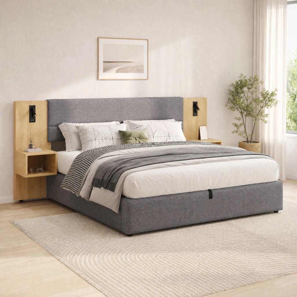 LETTO Contenitore 160x200 cm in Velluto Grigio e Naturale con 2 comodini
