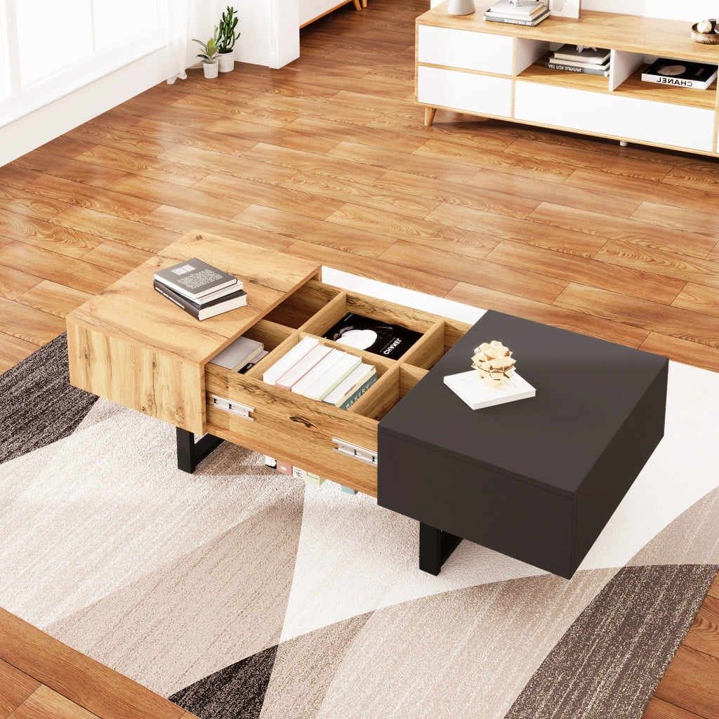 Tavolino da salotto 100x40x55 cm scorrevole con scomparti; pannello truciolare naturale e antracite