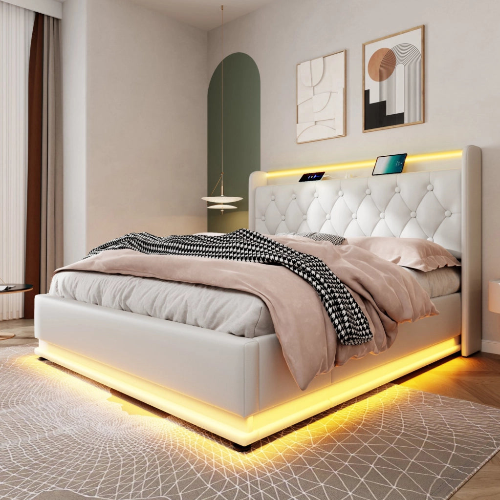 Letto matrimoniale contenitore 180x200 cm con LED; USB e Type-C; testiera imbottita in PU bianco