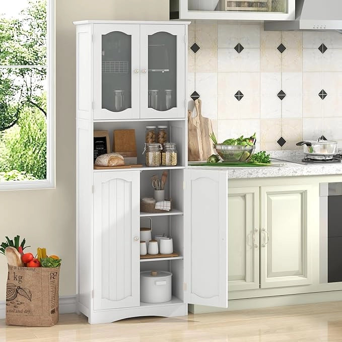 Armadietto Salvaspazio 60 x 30 x 164cm, Mobile Bagno con Scomparti Aperti, Ripiani Regolabili e 2 Porte in Vetro Temprato, Armadio da Bagno per Ufficio, Soggiorno e Camera da Letto (Bianco)