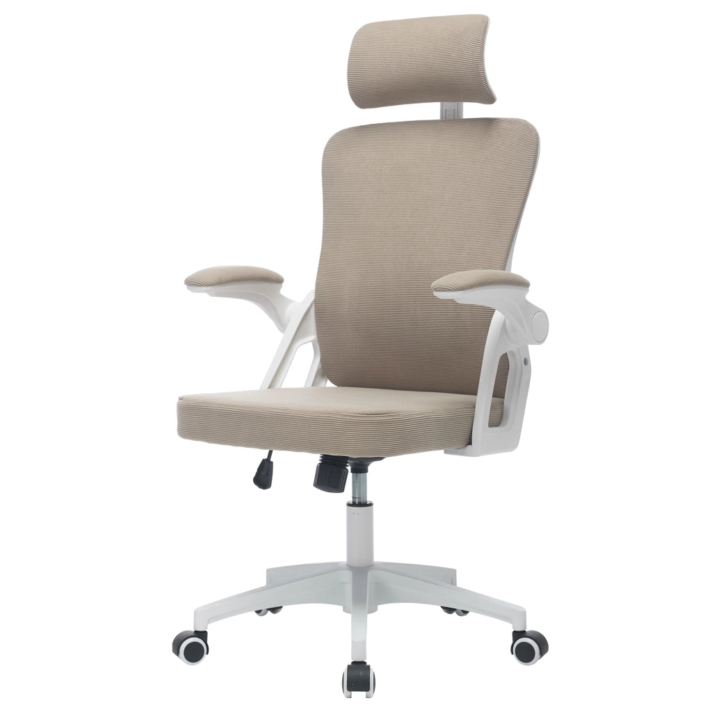 Sedia da ufficio ergonomica in rete traspirante con braccioli ribaltabili e altezza regolabile, in tessuto imbottito kaki