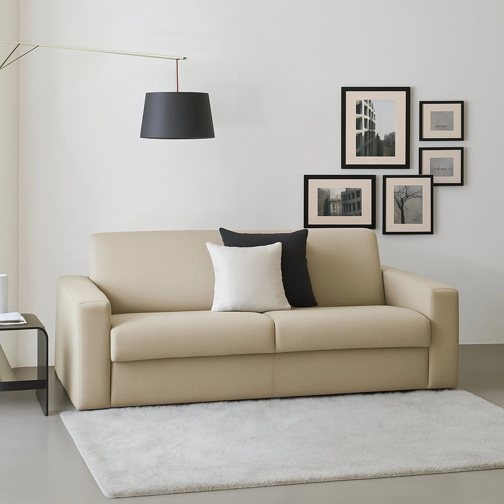 Divano fisso Malachite, Divano a 2 posti, Made in Italy, SofÒ  Soggiorno, in tessuto imbottito, con Braccioli slim, cm 160x95h90, Beige