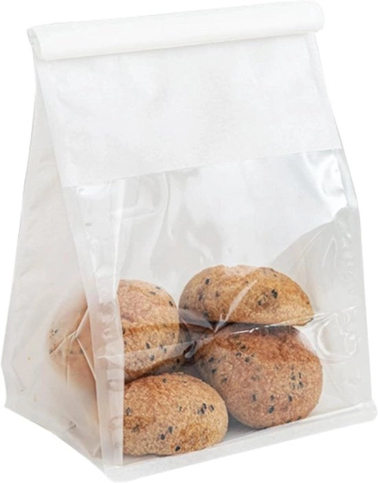 20 sacchi di pane in cartone rigido con vetrata trasparente, bianchi, adatti per conservazione di prodotti da forno fatti in casa - 16 x 26 x 13 cm.