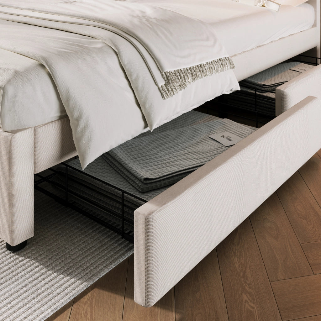 LETTO imbottito 140x200 cm con 4 cassetti, testiera regolabile, lino beige