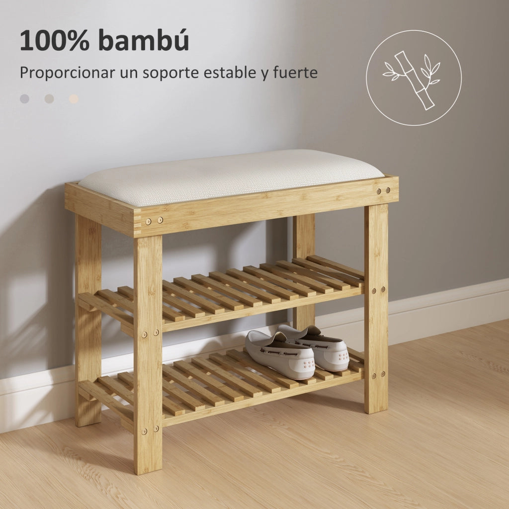 Panca scarpiera in bamb¨´ con cuscino ¨C Xylo ¨C 2 ripiani crema 60x29x49 cm