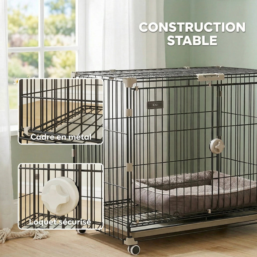 Cage per Cani con Vassoio Amovibile e Ruote ¨C zephmum ¨C Nero 75.5x46x64.5cm