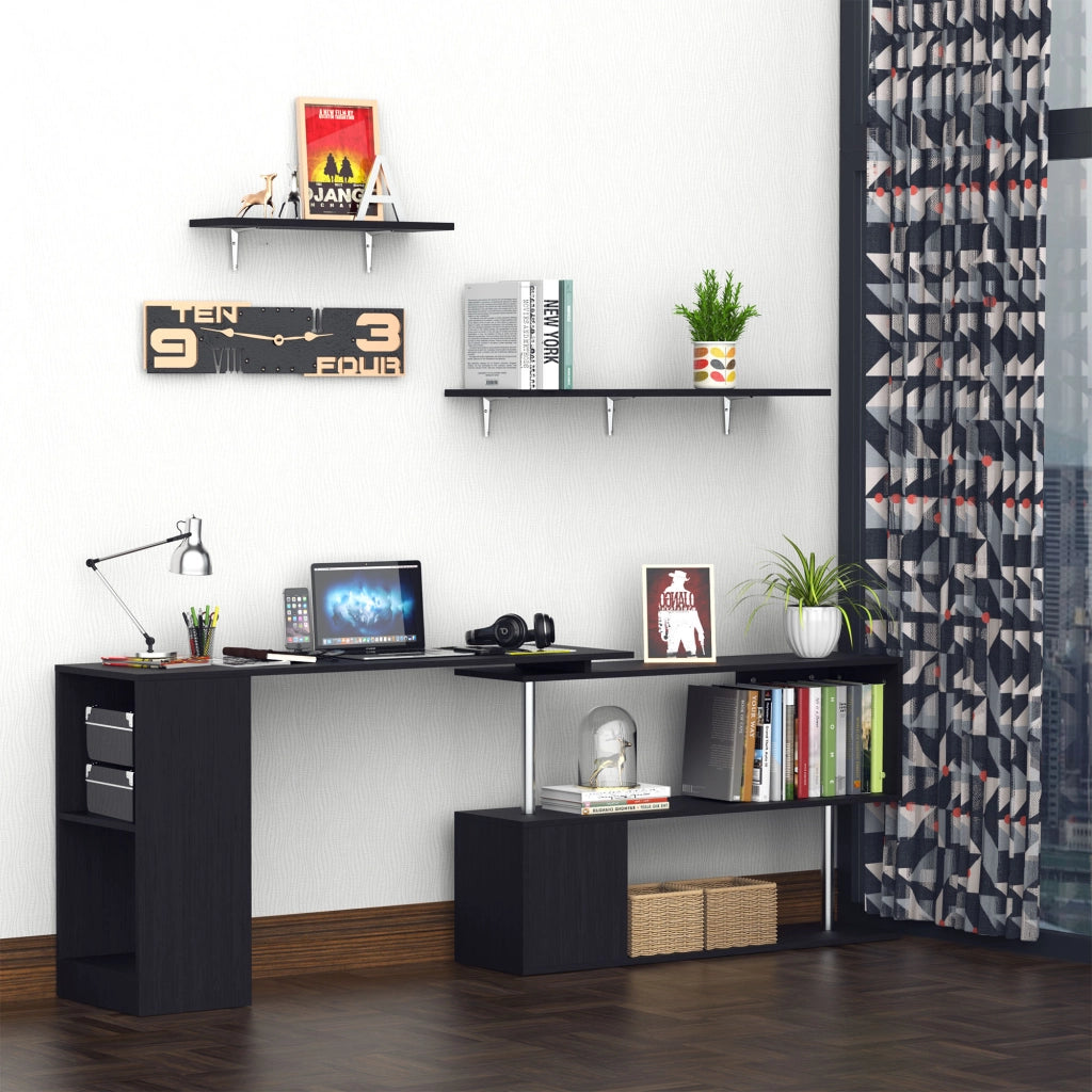 Scrivania Angolare Salvaspazio in Legno con Cassetti ¨C zephmum ¨C 140x120x78 cm, Nero