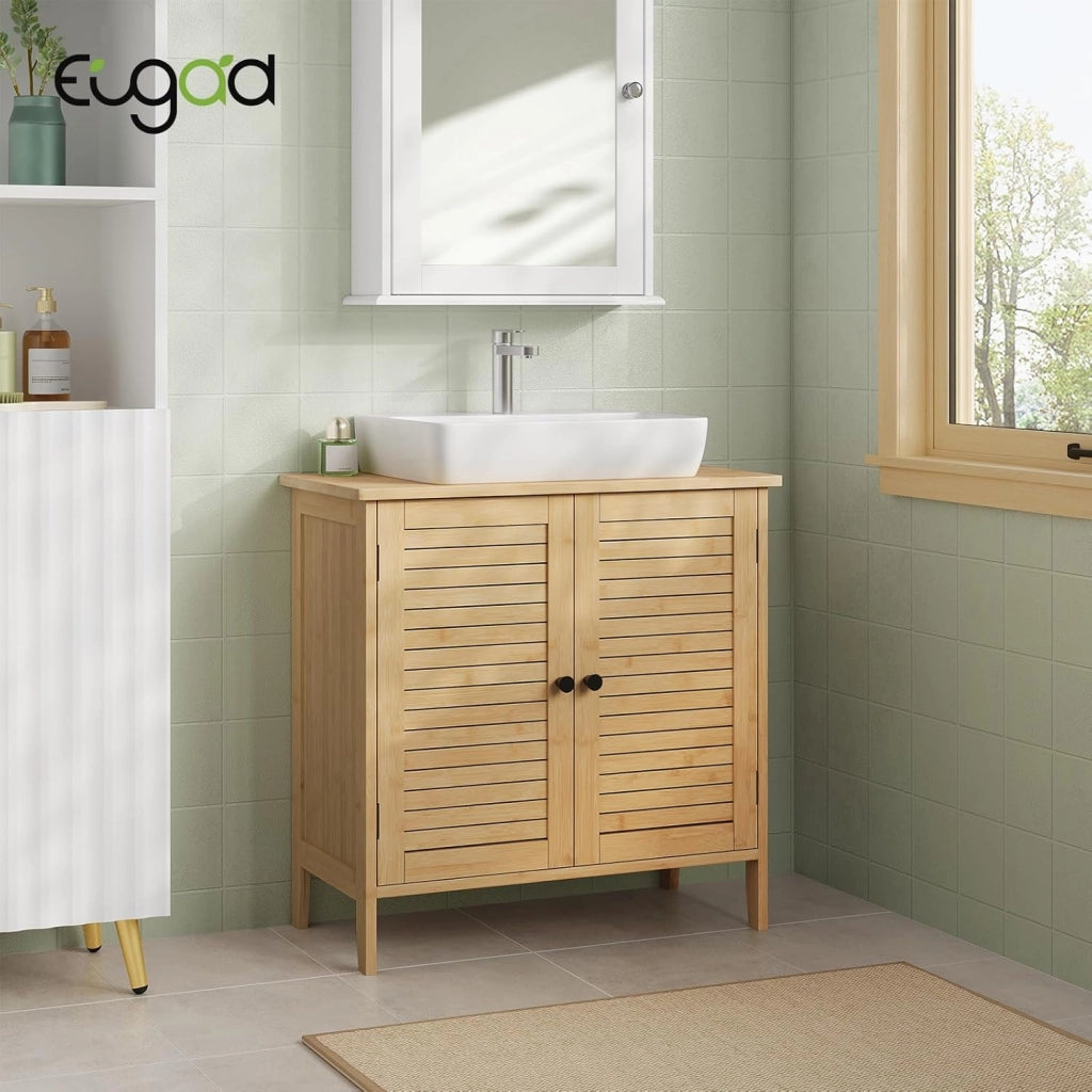 Mobile Da Bagno In Bambù, Base Con Ritaglio Per Sifone 20x23 cm, Armadio Indipendente Con Ante a Griglia e Ripiano Regolabile, 60x30x60 cm