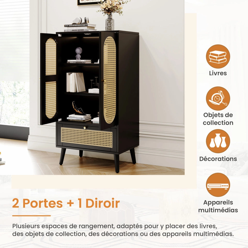 OKWISH Credenza Alta con 2 Ante e 1 Cassetto, Frontali Effetto Rattan, Piedini Regolabili, per Soggiorno, Nera, 60 x 40 x 110.5 cm