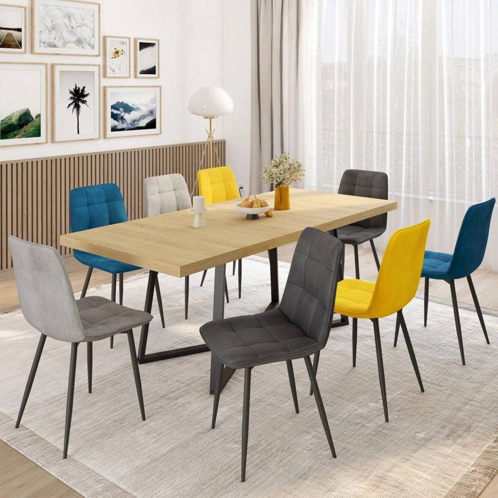 Set di 8 sedie MILA in velluto misto blu x2, grigio scuro x2, grigio chiaro x2, giallo x2