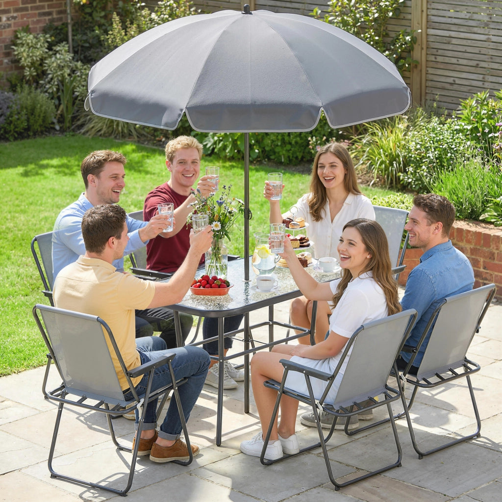 Set 8 Pezzi da Giardino con Ombrellone 6 Sedie Pieghevoli e Tavolo da Esterno in Vetro Temperato Grigio