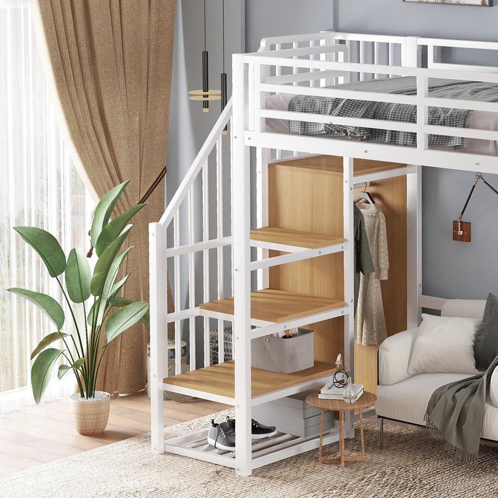 DESMIU Letto a soppalco singolo con armadio ad angolo, scaffale con ruote e barriera 90 × 200 cm, senza materasso