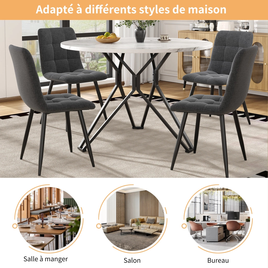 Tavolo da pranzo rotondo con piano in MDF effetto marmo e base in metallo, per cucina e soggiorno, nero, 100 × 100 × 76 cm