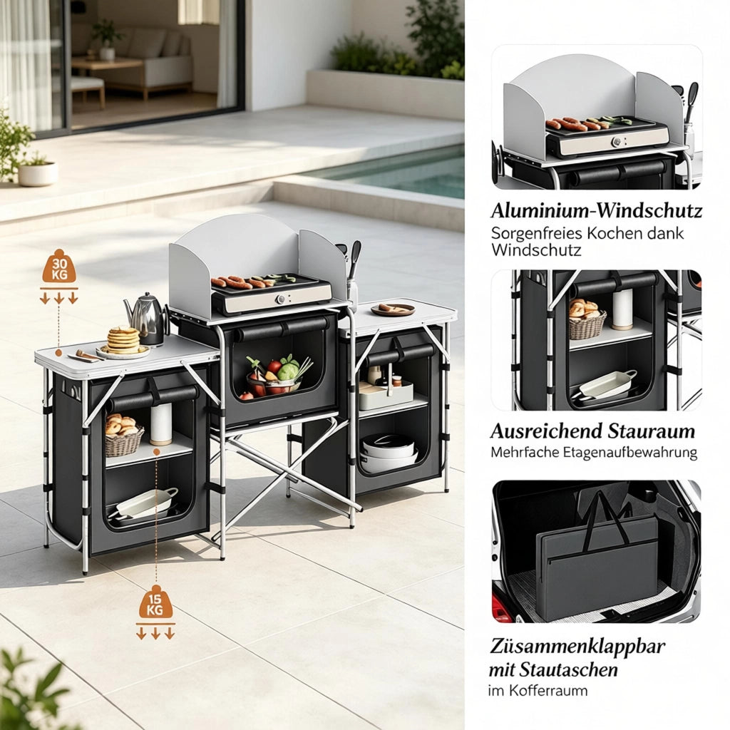 CUCINA DA CAMPEGGIO PIEGHEVOLE 174x48x112 cm Grigio scuro