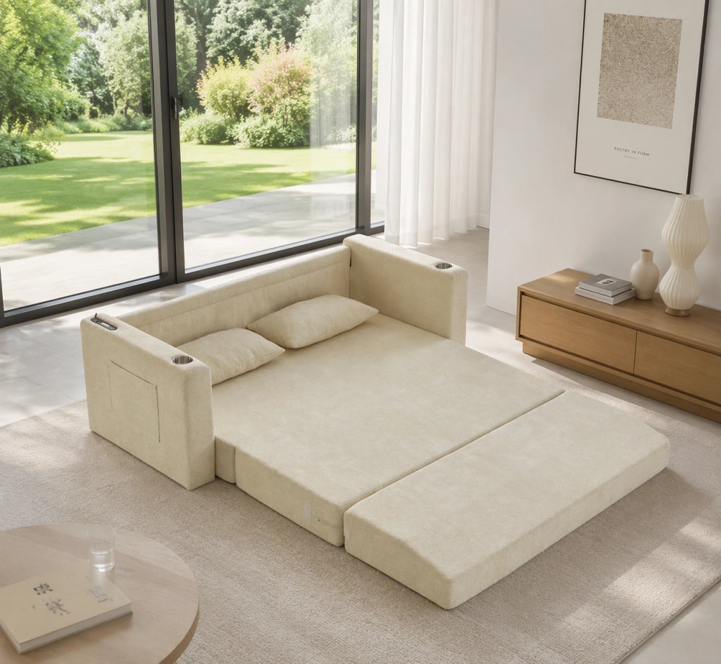 Divano letto a 2 posti con funzione letto, USB, portabicchieri e tasche laterali in morbida chenille beige