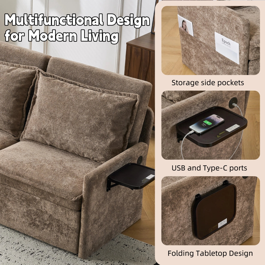 Divano letto 3 in 1 pieghevole con schienale regolabile a 5 livelli porta USB e tasche laterali in chenille marrone