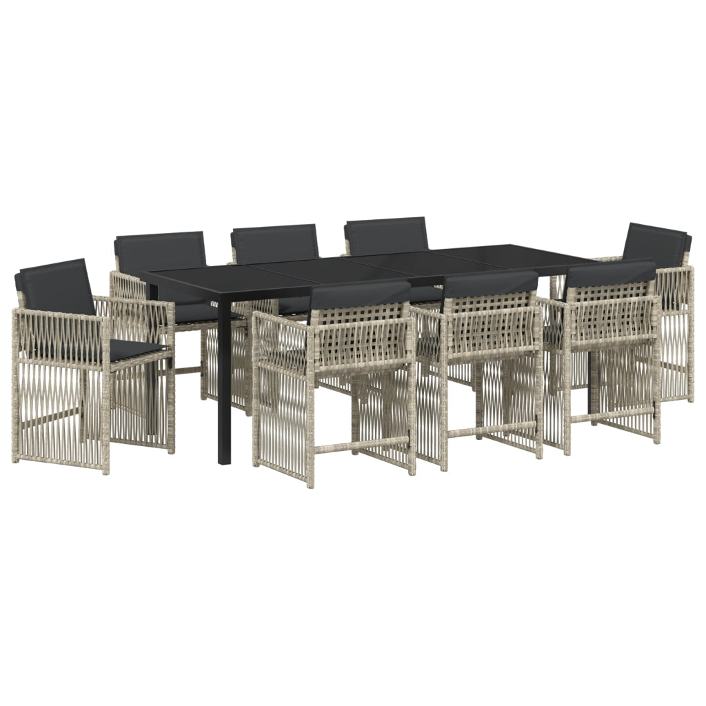 Set da Pranzo da Giardino 9 Pezzi con Cuscini Grigio Chiaro in Poly Rattan
