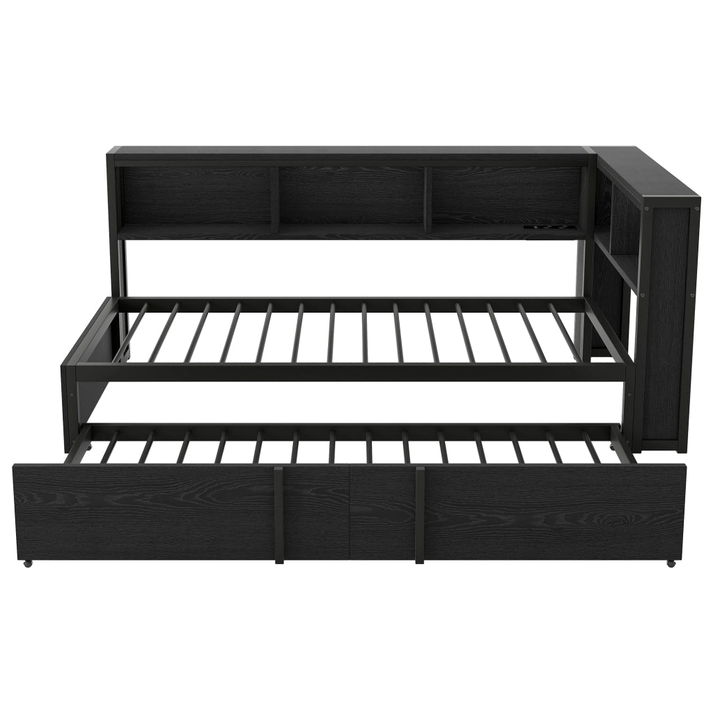 Letto a Divanetto 90 x 200 cm con estraibile; 5 armadi; LED e USB in metallo e MDF nero