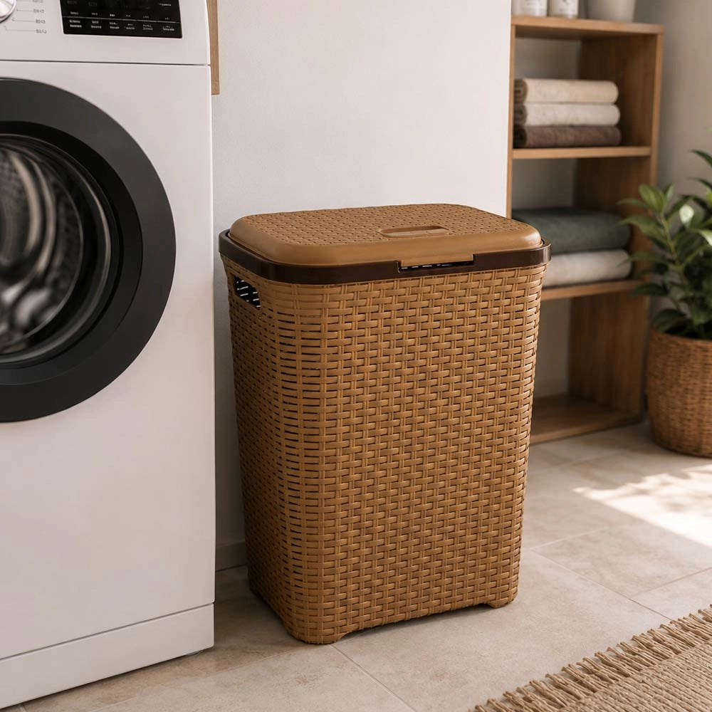 Cesta cestone portabiancheria in plastica con coperchio marrone cm44 x 33 x h 57