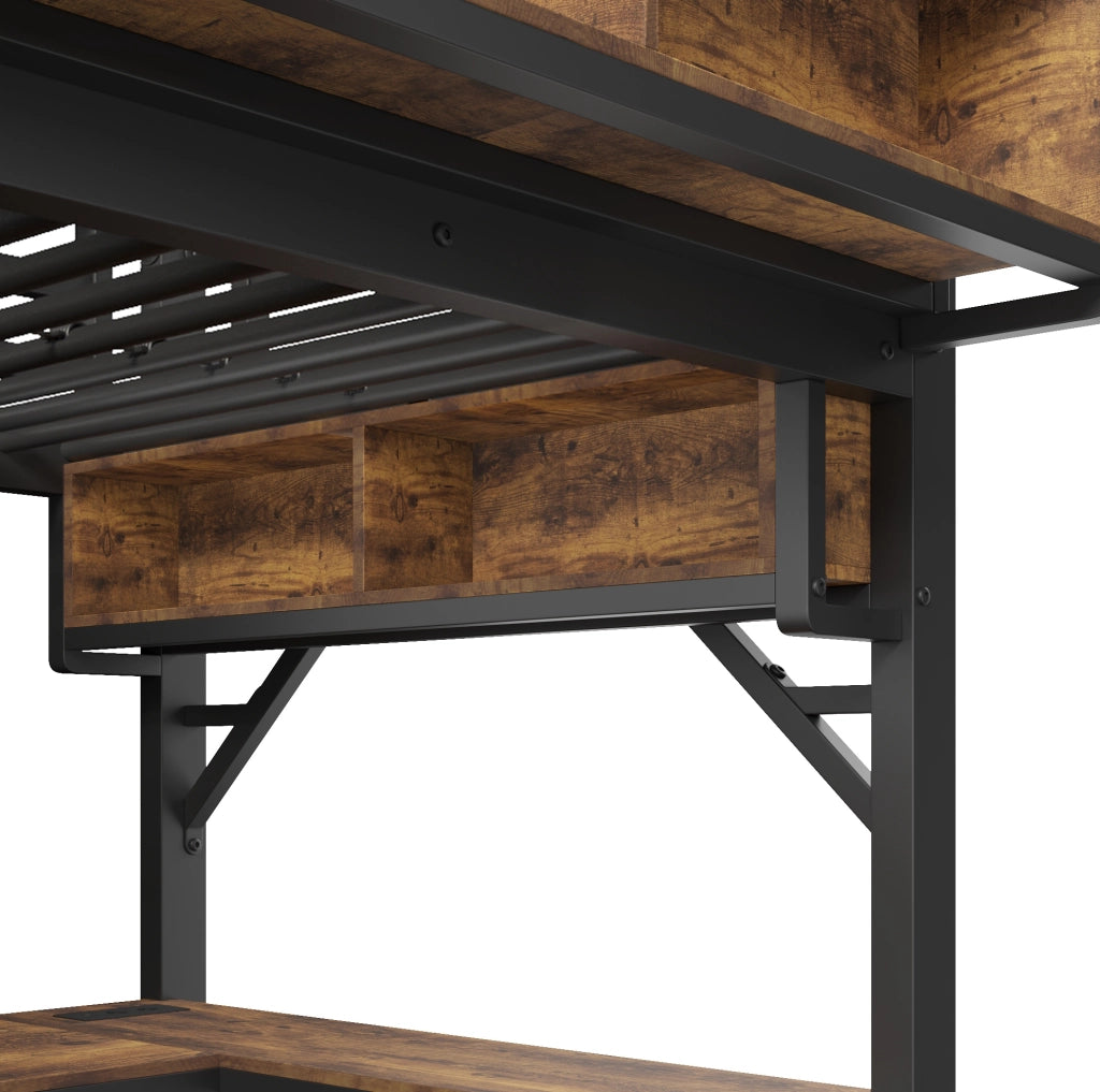 Letto a soppalco 90x200 cm con scrivania angolare, contenitori e LED
