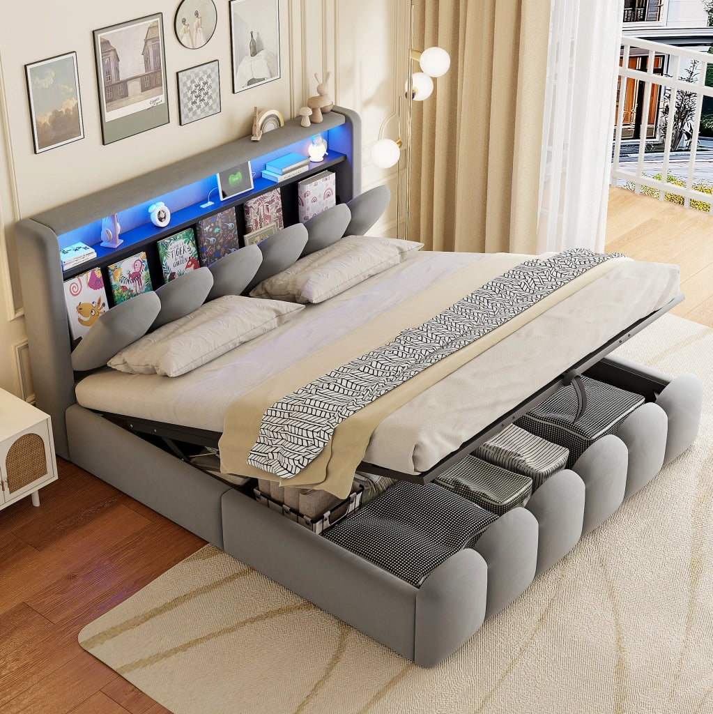 Letto imbottito 180x200 cm con contenitore; LED e porte USB in velluto grigio