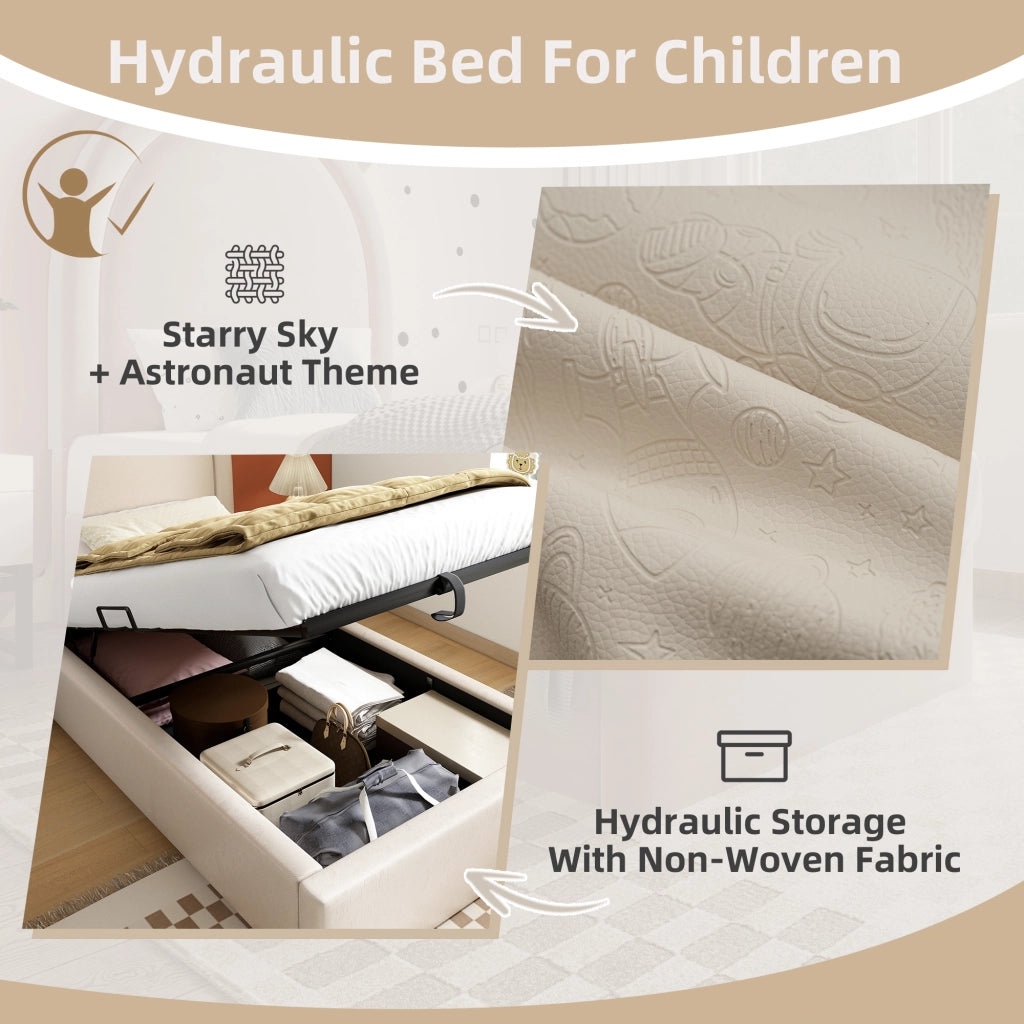 Letto Contenitore Letto Singolo 90×200 cm con Vano Sottoletto e Testiera Imbottita; senza Materasso; Beige