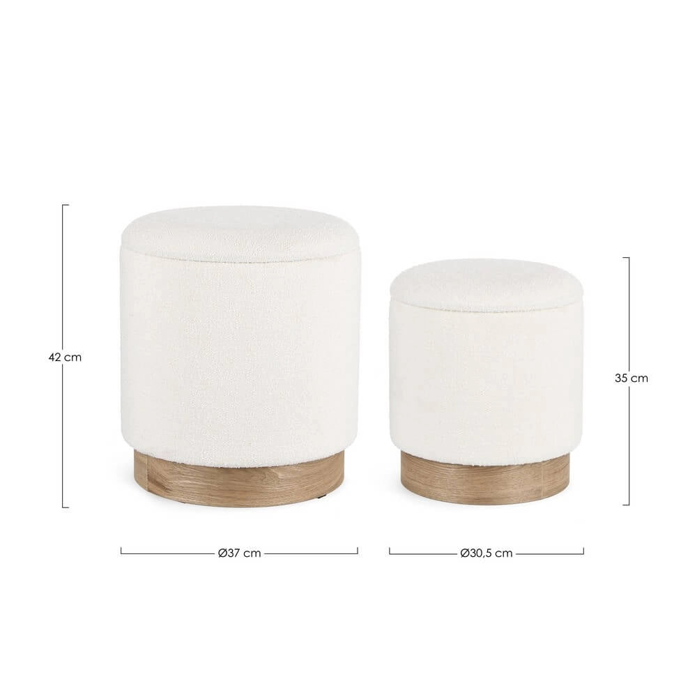 Set di 2 Pouf Rotondi Contenitore in Tessuto Bouclé con Base in Legno - BRIAN